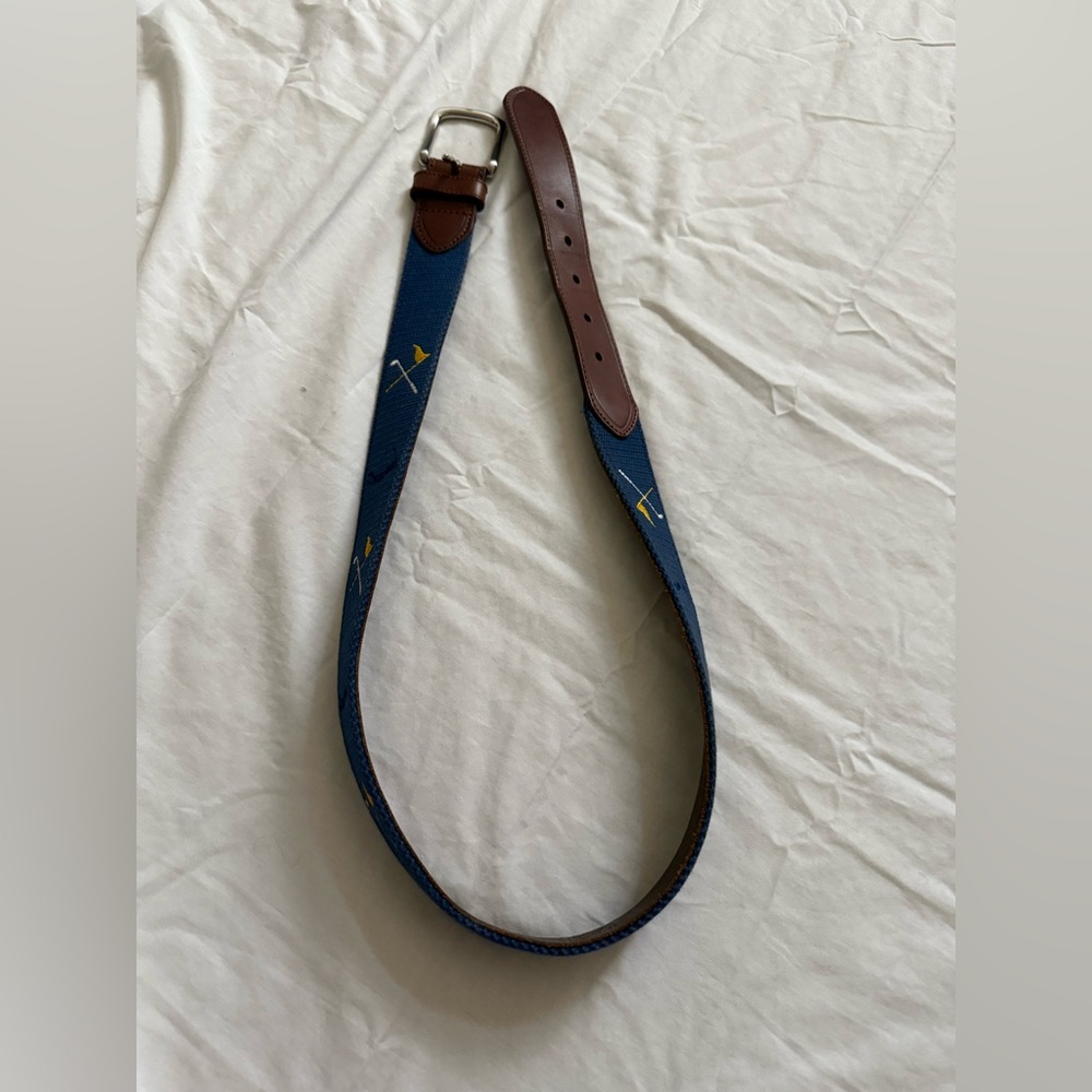 Jos. A. Bank Brown Leather Polo Belt with Navy Blue and Yellow Stitching